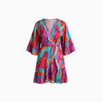 Lunaria | Mini Dress for Women - V Neck Batwing Sleeve Printed Waist Tie Flattering Fit-Mini Dress-Pink-S-Camoufit
