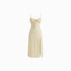 Women's Floral Midi Slip Dress with Ruched Bust Lace-Up V-Neck Spaghetti Strap Side Slit-Midi Dresses-Light Yellow-S-