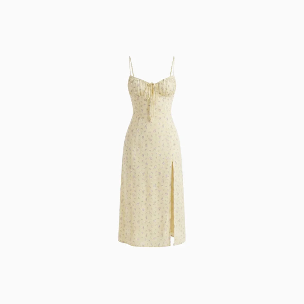 Women's Floral Midi Slip Dress with Ruched Bust Lace-Up V-Neck Spaghetti Strap Side Slit-Midi Dresses-Light Yellow-S-