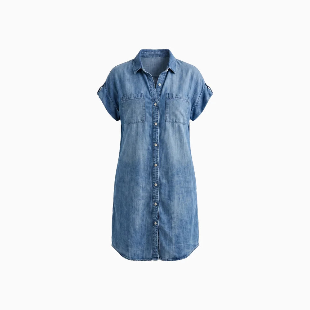 Solenne | Denim Print Dress for Women - Casual Soft Breathable Flattering Regular Everyday Fit-Dresses-Light Blue-S-Camoufit