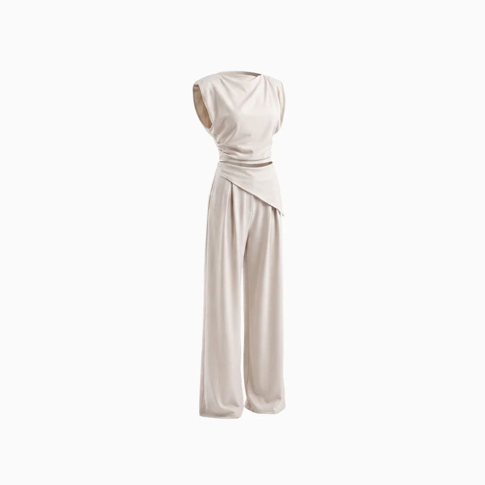 Verisse | Two Piece Set for Women - Draped Top Wide Leg Pants Elegant Fit-Women's Two Piece Sets-Light Grey-S-Camoufit