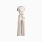 Verisse | Two Piece Set for Women - Draped Top Wide Leg Pants Elegant Fit-Women's Two Piece Sets-Light Grey-S-Camoufit