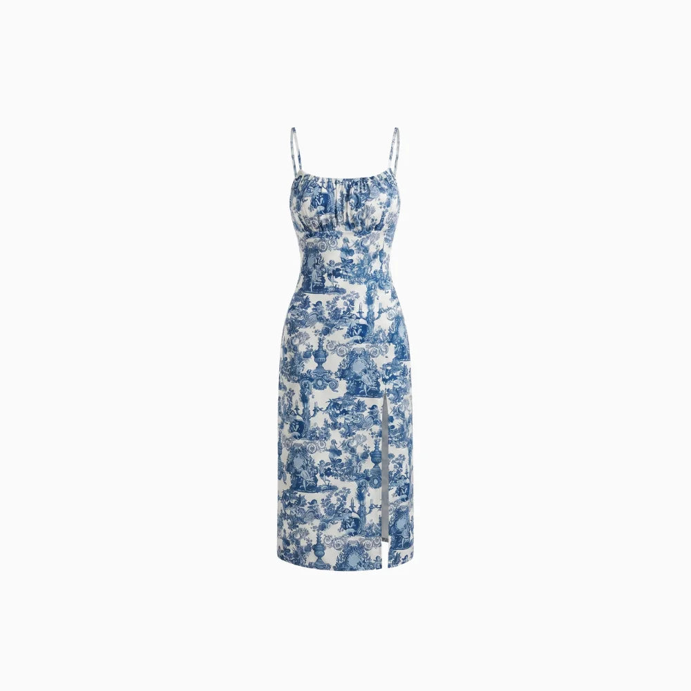 Women's Printed Midi Cami Dress with Spaghetti Straps Square Neck High Side Slit Summer Dress-Midi Dresses-Grey-S-