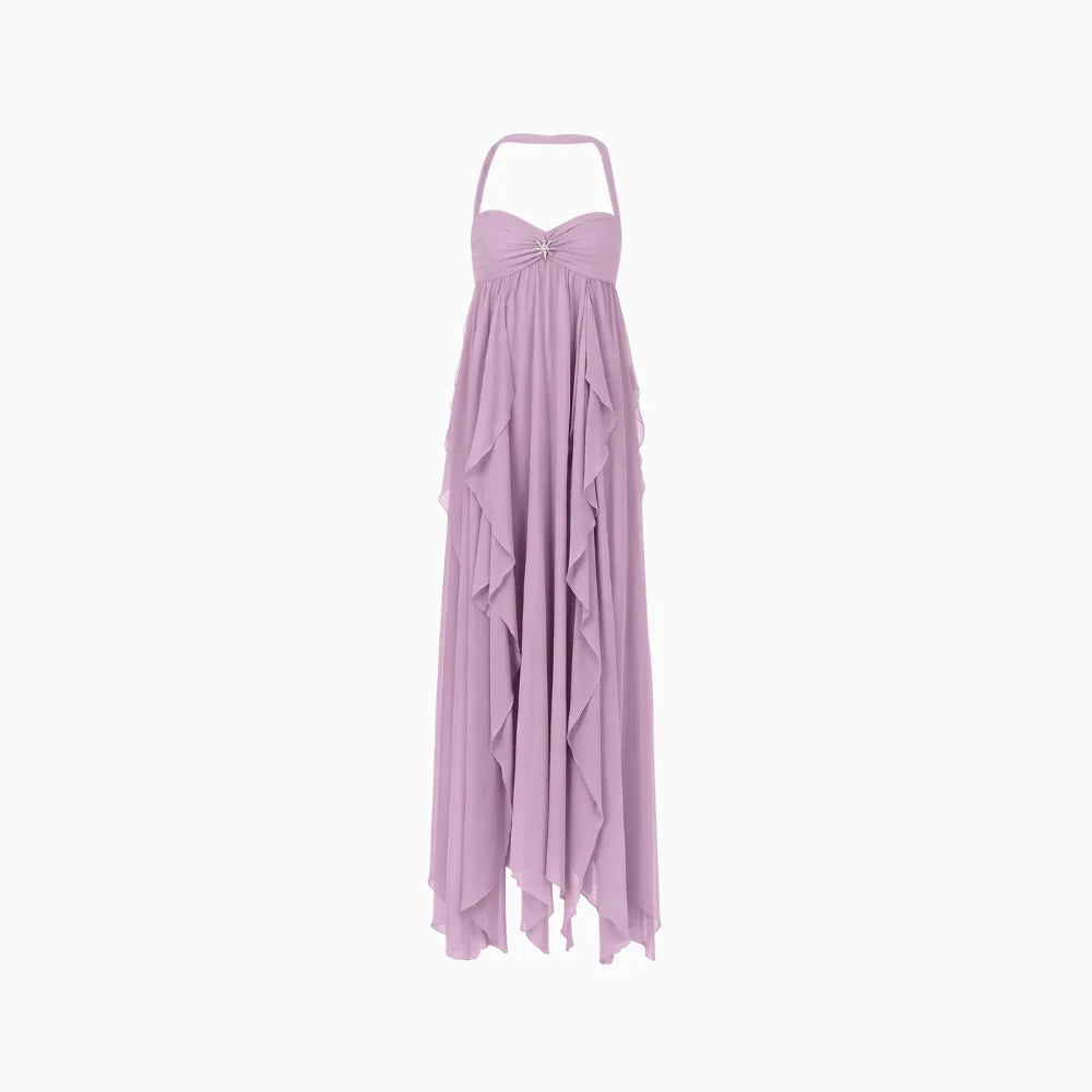 Aloura | Chiffon Maxi Dress for Women - Open Back Embellished Diamond Wavy Elegant Fit-Dresses-Purple-XS-Camoufit