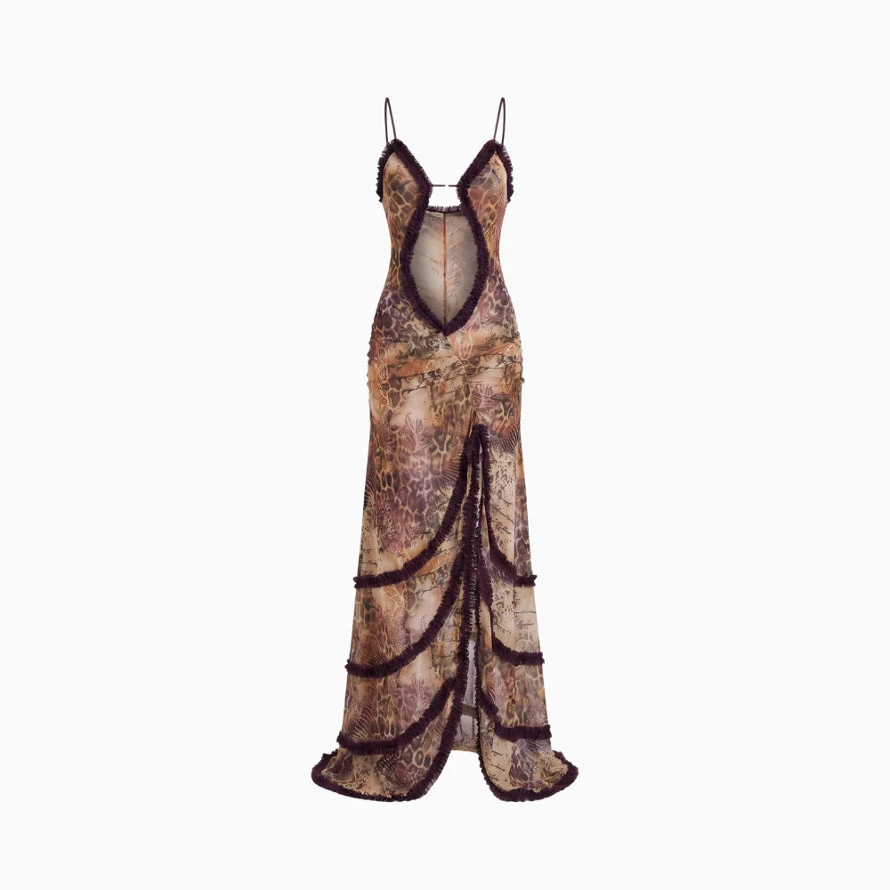 Vireya | Maxi Dress for Women - Sunrose Mesh Ruffle Flowy Flattering Elegant Everyday Fit-Maxi Dress-Brown-S-Camoufit