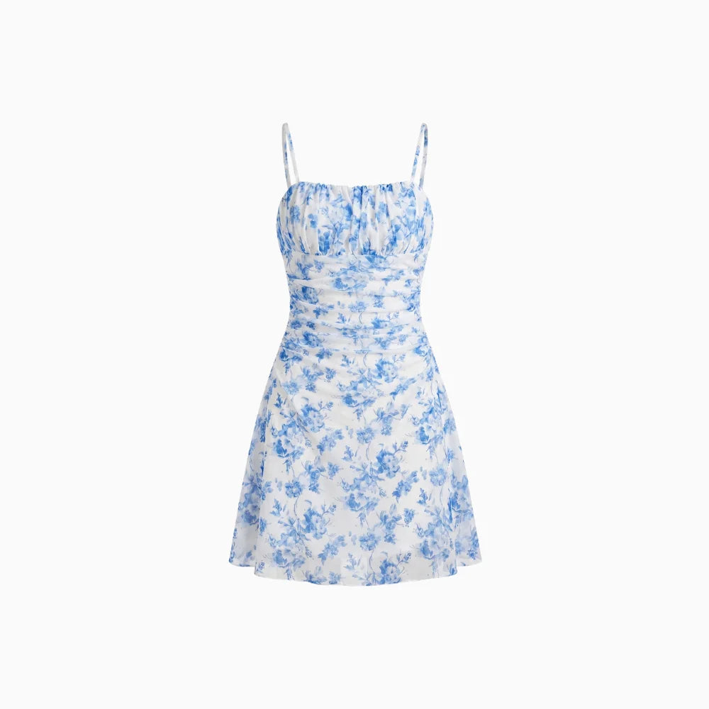 Women's Ditsy Floral Cami Mini Dress with Square Neck Ruched Bodice Sleeveless Summer Dress-Mini Dress-Gray-S-