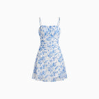 Women's Ditsy Floral Cami Mini Dress with Square Neck Ruched Bodice Sleeveless Summer Dress-Mini Dress-Gray-S-