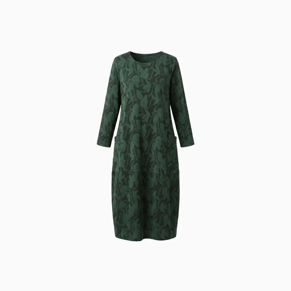 Évara | Women's Long Sleeve Dress with Printed Pattern Flowy Flattering Elegant Midi Frock-Dresses-Green-S-Camoufit