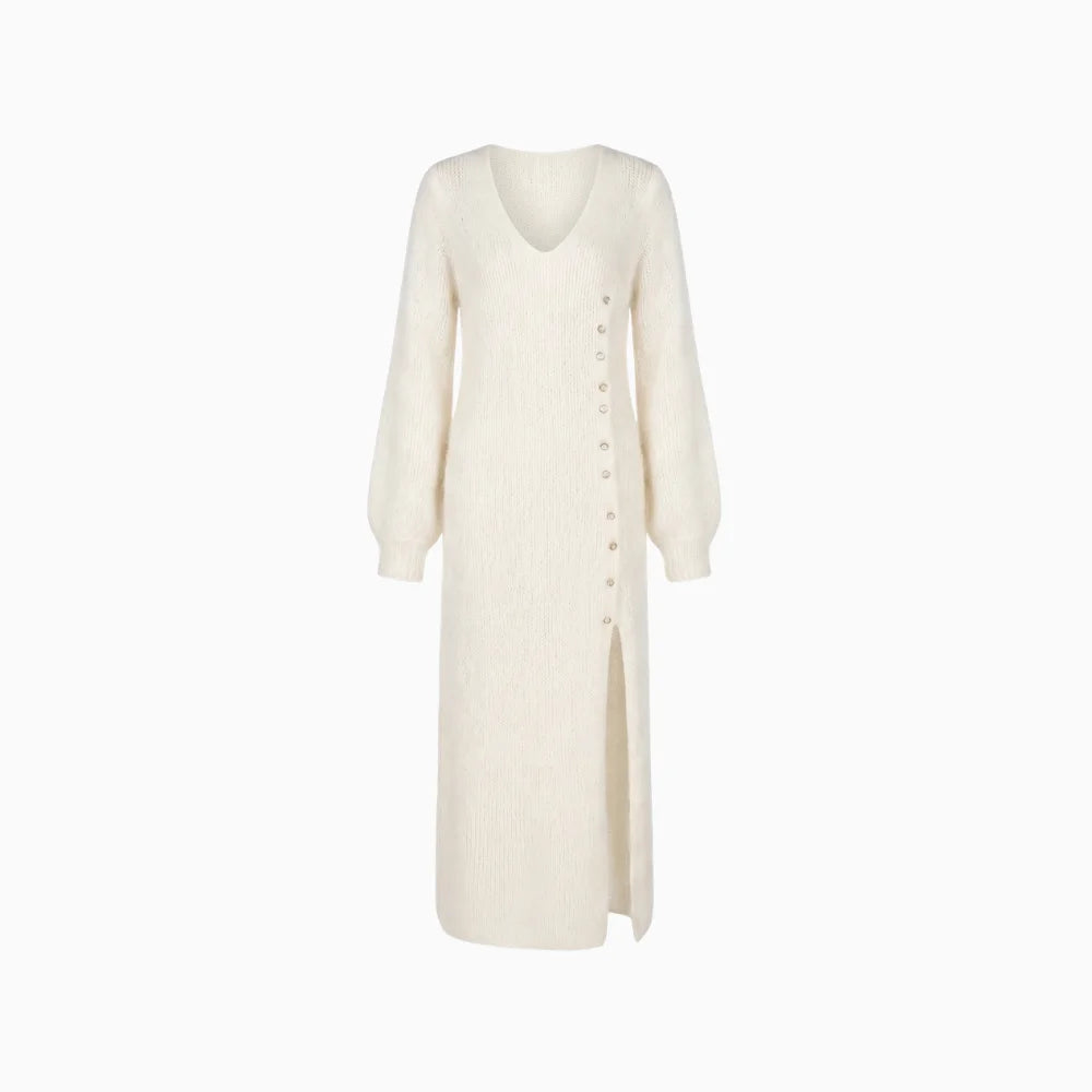 Velina | Knit Midi Dress for Women – Faux Fur Soft Relaxed Fit-Dresses-White-XS-Camoufit