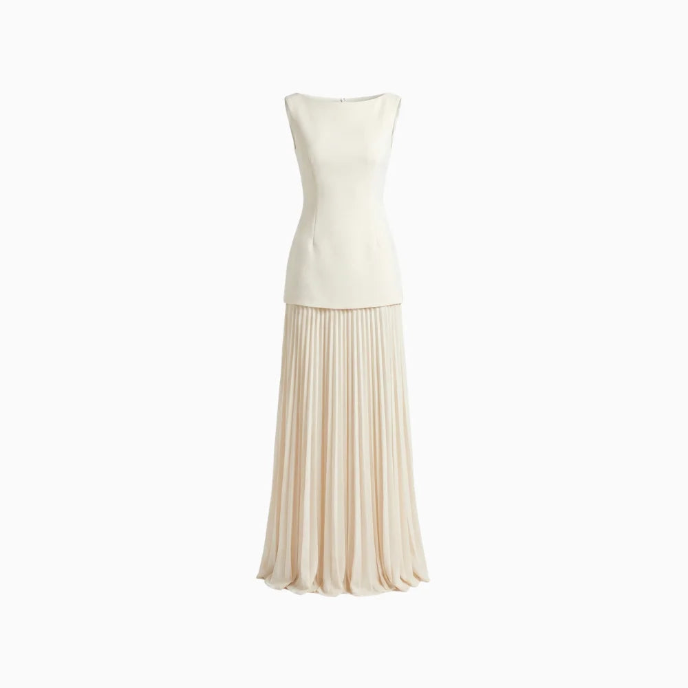 Women's Sleeveless Pleated Maxi Dress with Sleek Bodice Flowy Skirt Elegant Evening Dress-Evening Dress-Cream-S-