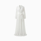 Eluné | Pleated Maxi Dress for Women - V Neck Long Sleeve Flowy Cinched Elegant Fit-Dresses-White-S-Camoufit