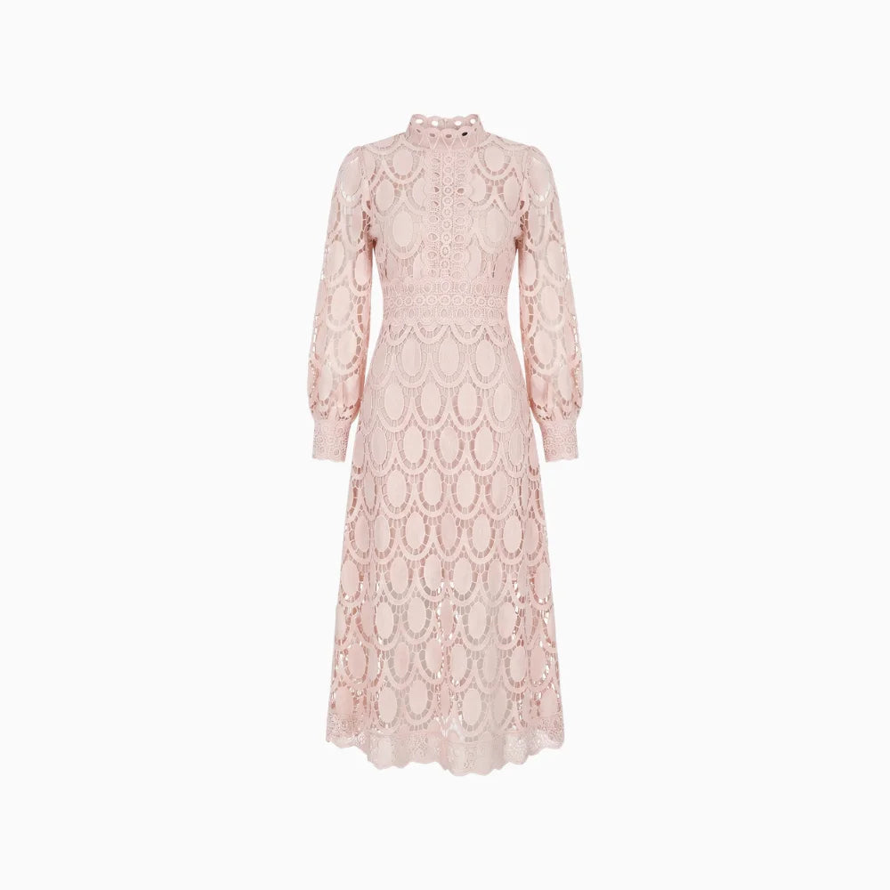 Women's Lace Midi Dress – Elegant A-Line Formal Occasion Fit-Wedding Guest Dresses-Apricot-S-