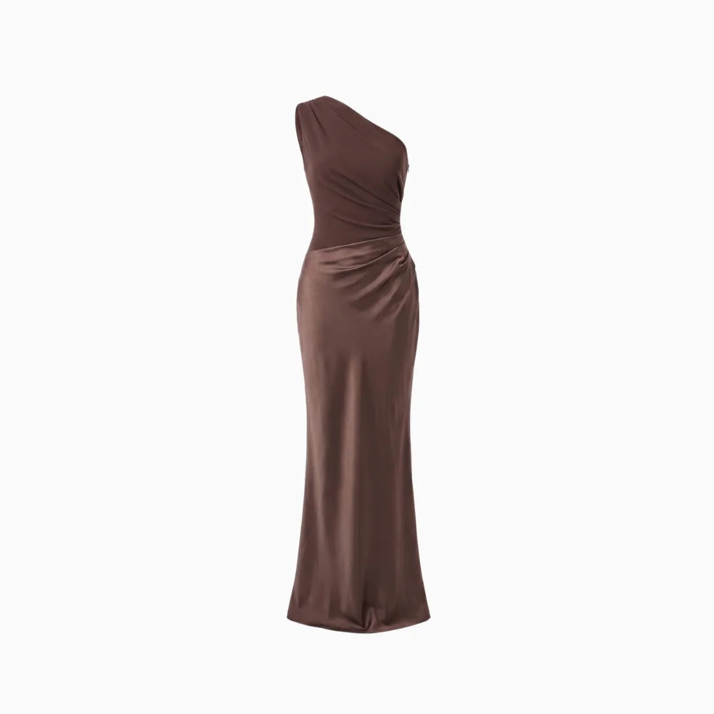 Women's Elegant One-Shoulder Satin Maxi Dress with Asymmetric Cut Flattering Evening Gown-Evening Dress-Brown-XS-