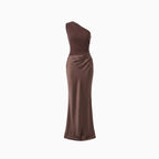 Women's Elegant One-Shoulder Satin Maxi Dress with Asymmetric Cut Flattering Evening Gown-Evening Dress-Brown-XS-