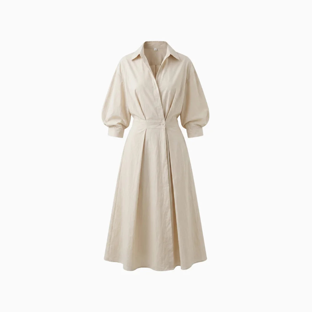 Vayana | Pleated Shirt Dress for Women - Tailored Lightweight Flowy Versatile Fit-Dresses-Beige-S-Camoufit
