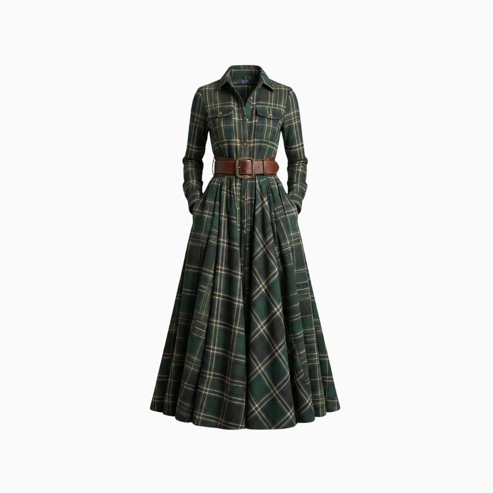 Women's Belted Shirt Dress with Flared Skirt Plaid Print Side Pockets Flattering A-Line Dress-Maxi Dress-Green-S-