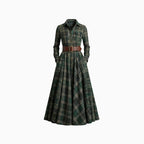 Women's Belted Shirt Dress with Flared Skirt Plaid Print Side Pockets Flattering A-Line Dress-Maxi Dress-Green-S-