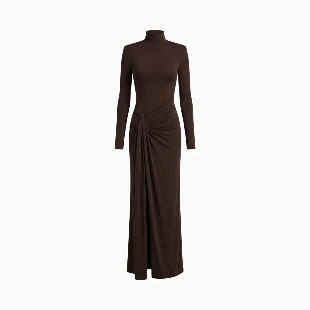 Zafira | Women's Ruched Maxi Dress – High Neck Elegant Slim Fit-Maxi Dress-Brown-S-