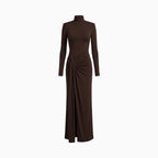Zafira | Women's Ruched Maxi Dress – High Neck Elegant Slim Fit-Maxi Dress-Brown-S-