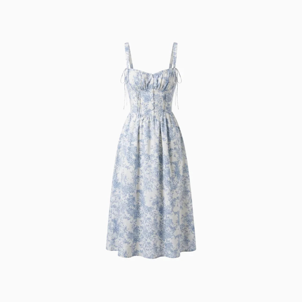 Women's French Print Midi Sundress with Lace-Up Straps Corset Bodice Elastic Waist Slim Fit-Dresses-White-S-