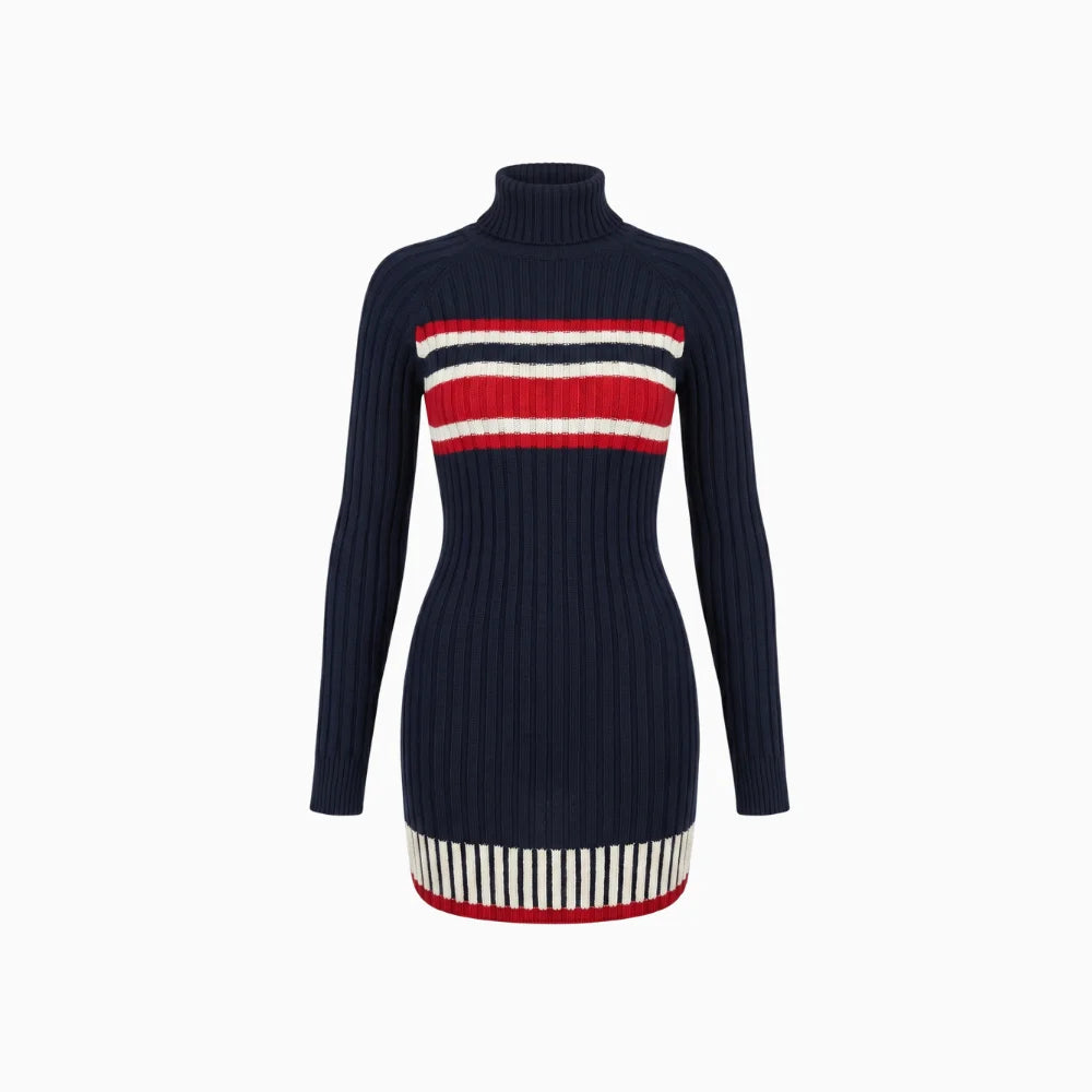 Solévia | Striped Knit Sweater Dress for Women – High Collar Slim Fit-Mini Dress-Dark Blue-S-Camoufit