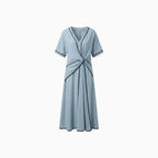 Women's Relaxed Dress with V-Neck Draped Waist Detail Flowy Cut Flattering Casual Chic Dress-Dresses-Blue-S-