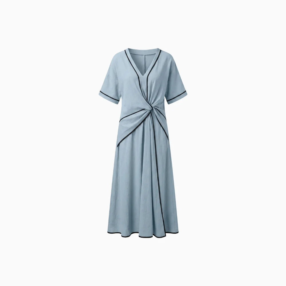 Women's Relaxed Dress with V-Neck Draped Waist Detail Flowy Cut Flattering Casual Chic Dress-Dresses-Blue-S-