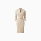 Amélis | Women's Autumn Midi Dress with Flattering Waist Elegant French Style Cocktail Frock-Midi Dresses-Beige-S-