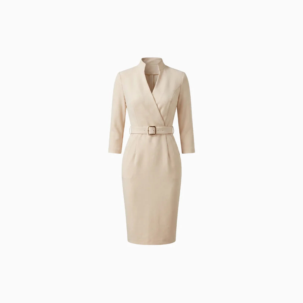 Amélis | Women's Autumn Midi Dress with Flattering Waist Elegant French Style Cocktail Frock-Midi Dresses-Beige-S-