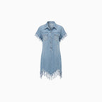 Lyssia | Denim Mini Dress for Women - Lapel Short Sleeve Button Tassel Vintage Loose Boho Fit-Mini Dress-Light Blue-S-Camoufit
