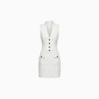Vayana | Denim Mini Dress for Women - Stand Collar Sleeveless White Multi Pocket Slim Vintage Fit-Mini Dress-White-XS-Camoufit