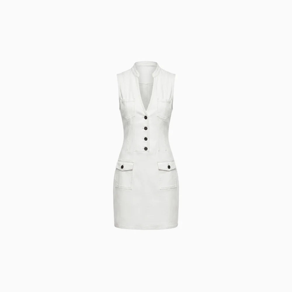 Vayana | Denim Mini Dress for Women - Stand Collar Sleeveless White Multi Pocket Slim Vintage Fit-Mini Dress-White-XS-Camoufit