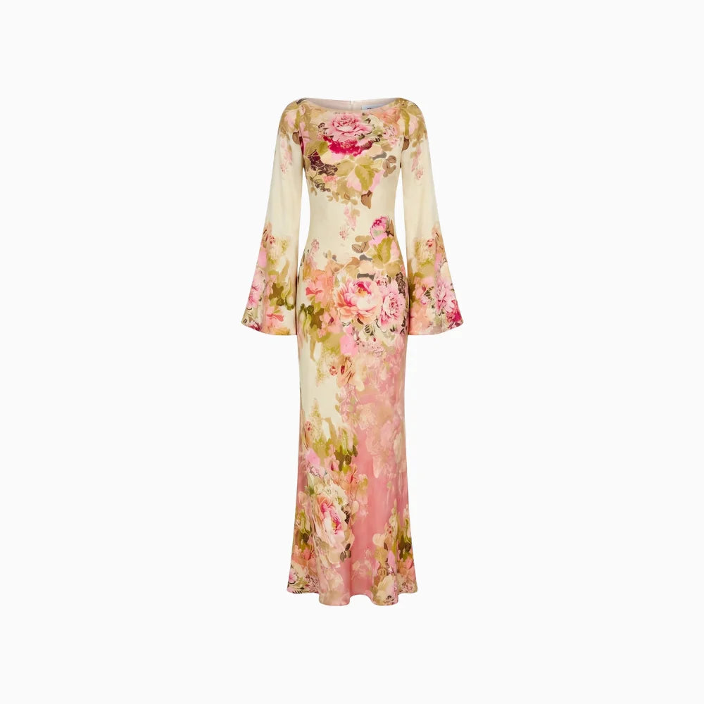 Lunessa | Women's Floral Maxi Dress with Bell Sleeves Column Silhouette Elegant Evening Gown-Dresses-Floral-XS-