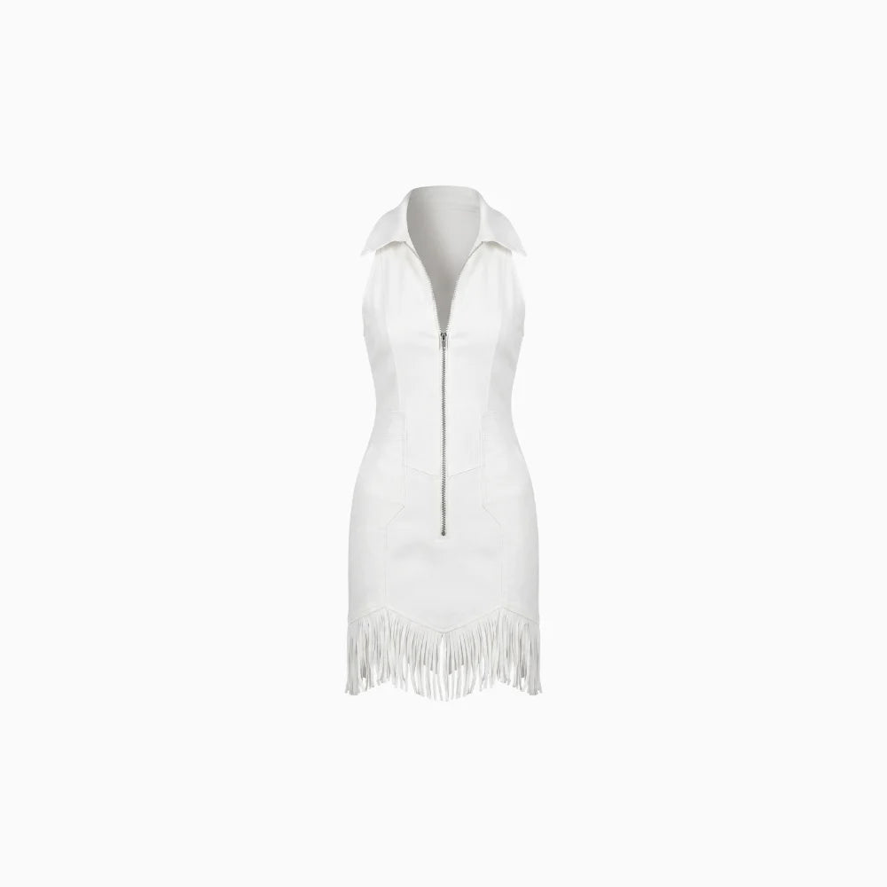 Nayelle | Denim Mini Dress for Women - Lapel Sleeveless White Tassel Stretch Vintage Slim Fit-Mini Dress-White-XS-Camoufit