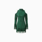 Malira | Mini Dress for Women - Off Shoulder Long Sleeve Fringed Faux Suede Western Fit-Mini Dress-Dark green-XS-Camoufit