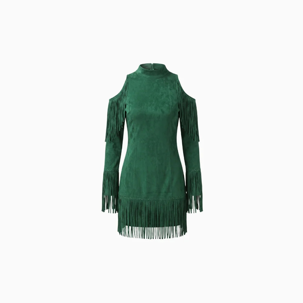 Malira | Mini Dress for Women - Off Shoulder Long Sleeve Fringed Faux Suede Western Fit-Mini Dress-Dark green-XS-Camoufit