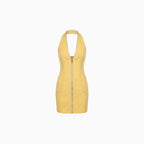 Calyra | Denim Mini Dress for Women - V Neck Sleeveless Yellow Zipper Vintage Slim Fit-Mini Dress-Yellow-XS-Camoufit