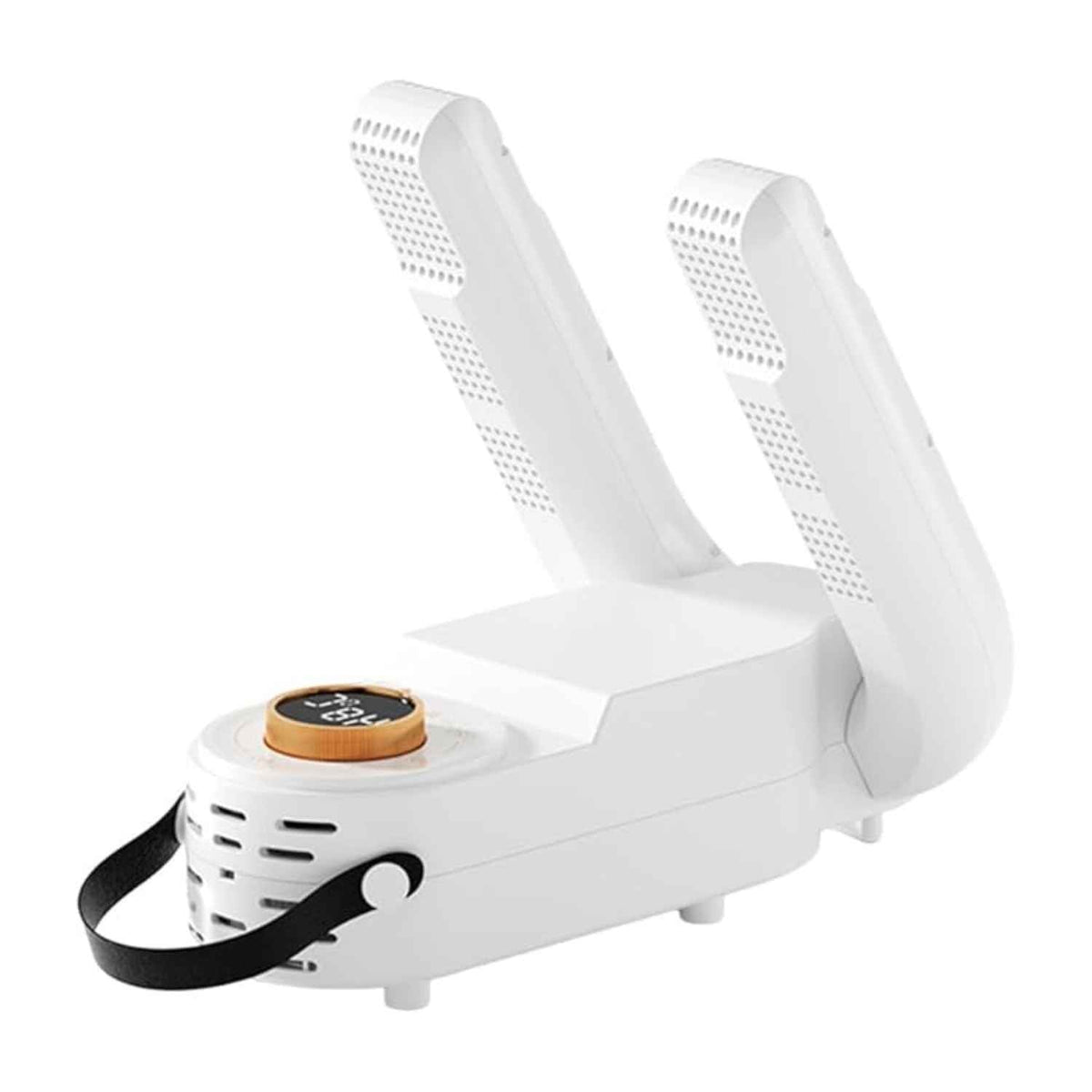 White electric boot dryer with two drying arms and round temperature control top