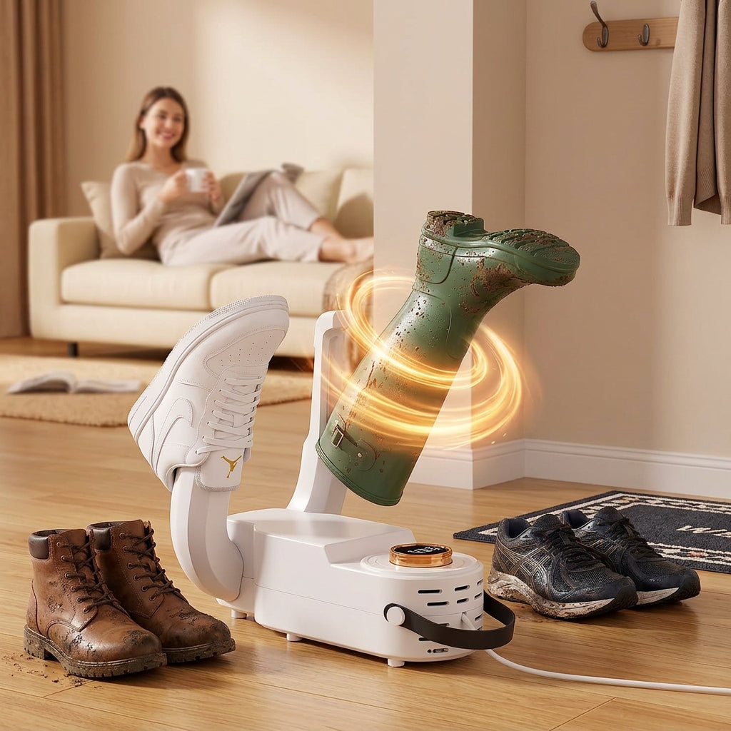 White foldable electric boot dryer with two drying arms, standing on the floor