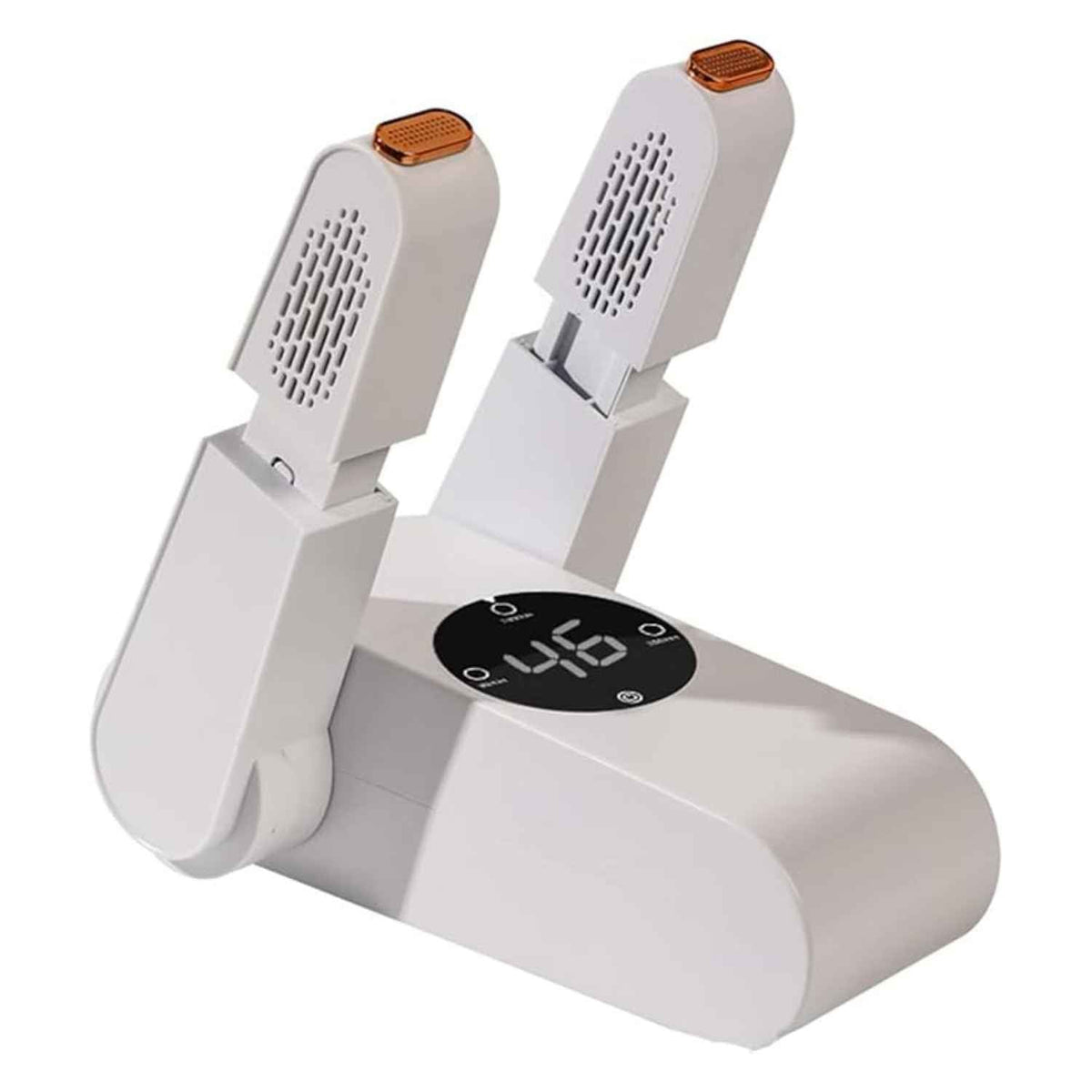 White electric boot dryer base with two drying arms and small digital display