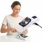 Electric knife sharpener shown in use with clear guard and white ABS housing