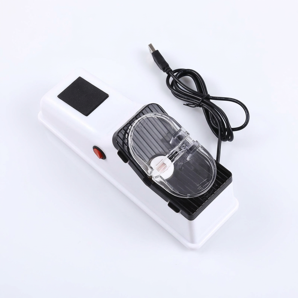 White compact electric knife sharpener with black power cord and clear sharpening window