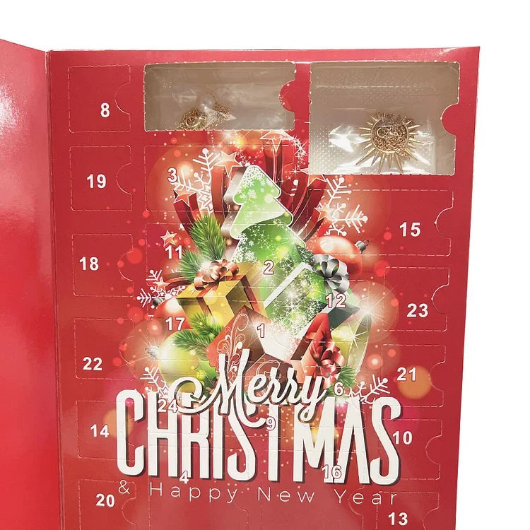 Red jewelry advent calendar box with numbered windows and Merry Christmas design