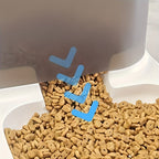 2-in-1 pet feeder and water dispenser, white unit with blue flow labels inside reservoir.