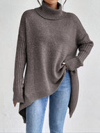 Women's loose turtleneck sweater in dark gray, long sleeves, ribbed cuffs, asym hem