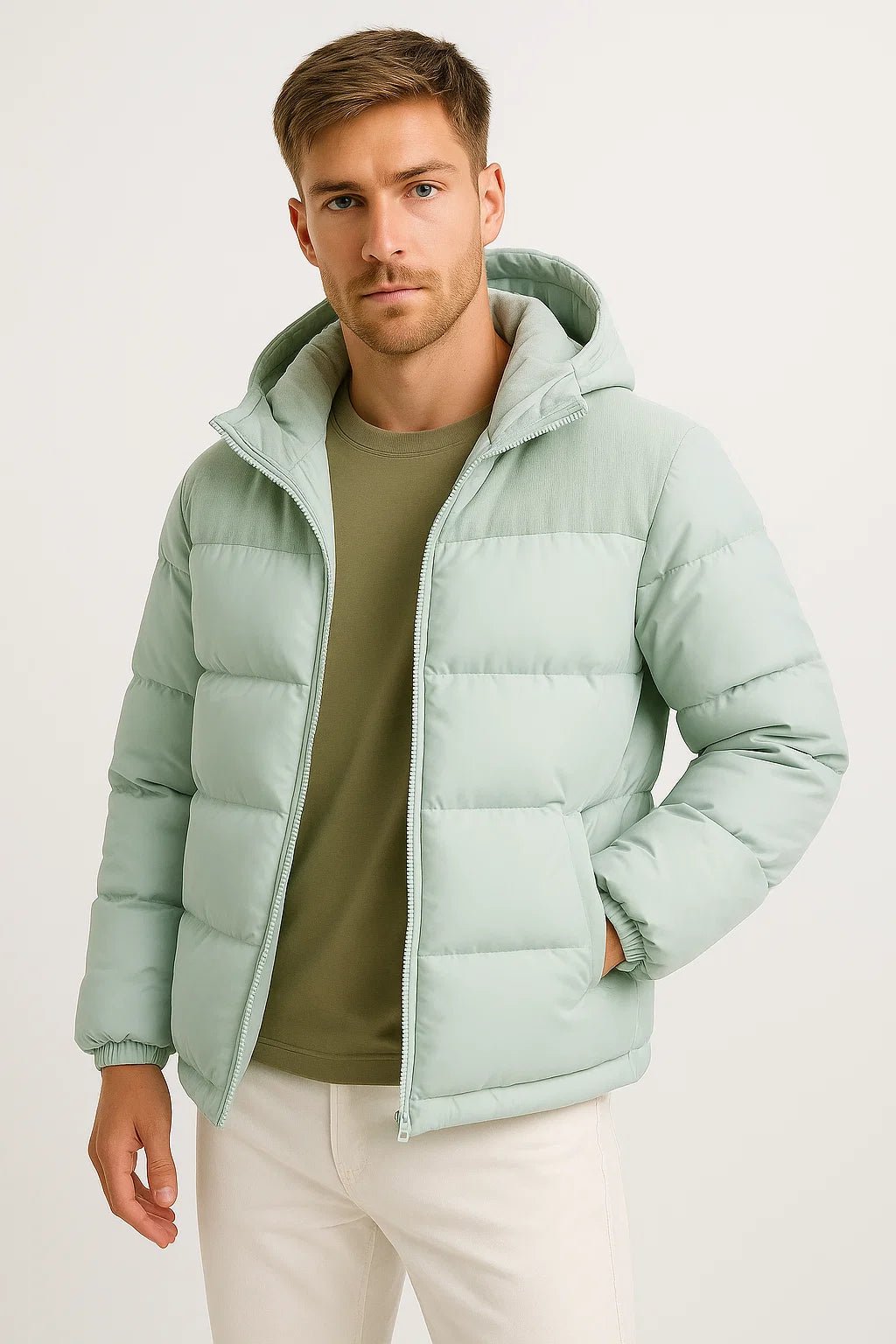 Light mint hooded winter puffer jacket, full-zip front and chest pockets