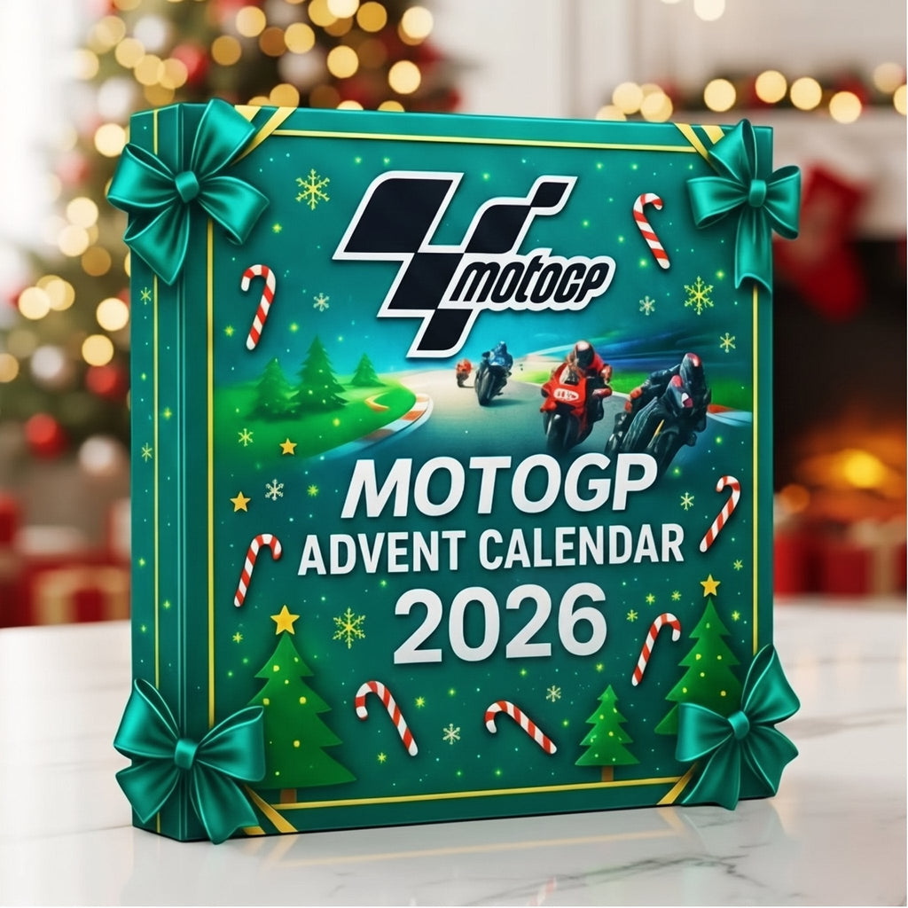 Motorcycle racing advent calendar 2026 front, green gift bows and race-themed design
