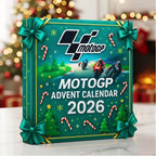 Motorcycle racing advent calendar 2026 front, green gift bows and race-themed design
