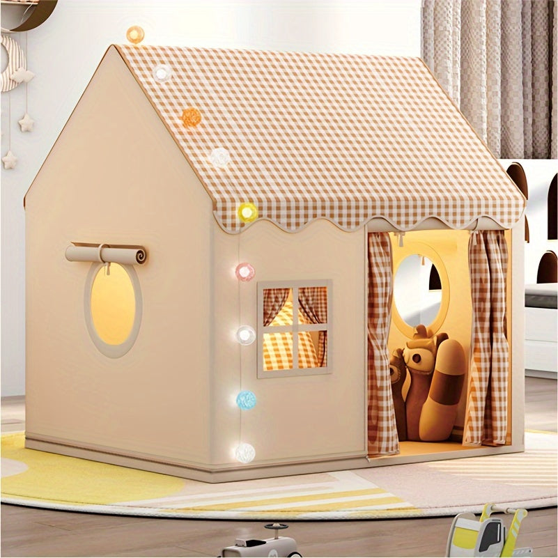 Kids play tent with round window opening, gingham canopy, and curtain side