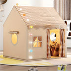 Kids play tent with round window opening, gingham canopy, and curtain side